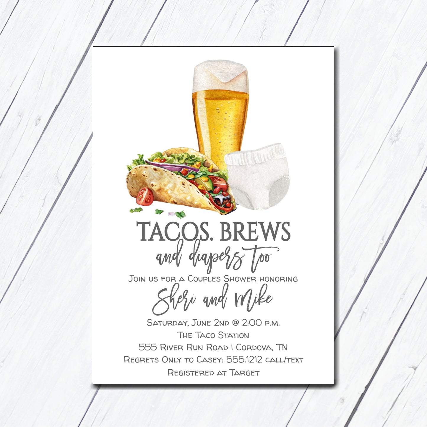 Tacos Brews and Diapers Too Baby Shower Invitation 