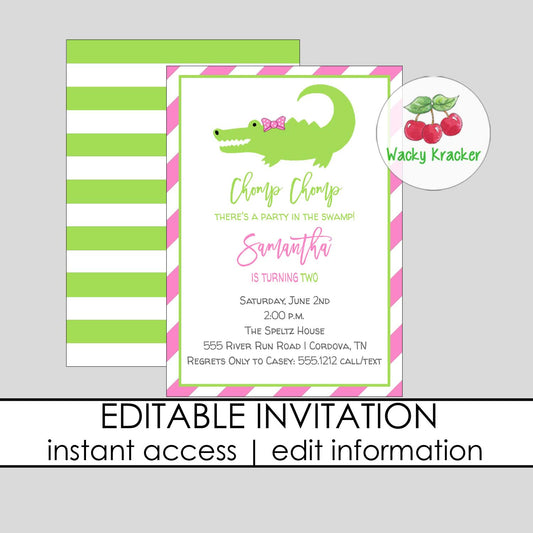 Pink Alligator Birthday Invitation