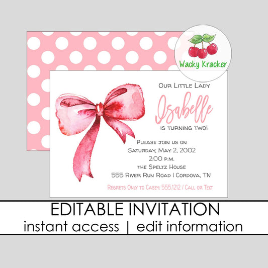 Pink Bow Birthday Invitation