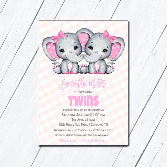 Twin Girl Elephant Baby Shower Invitation