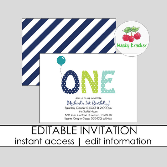 One Year Boy Birthday Invitation