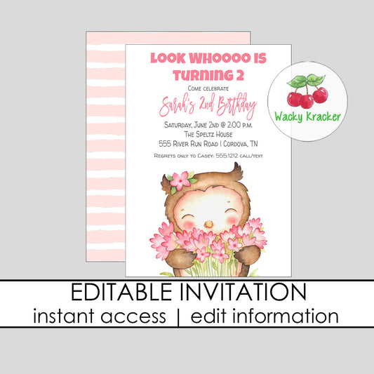 Owl with Flowers Birthday Invitation