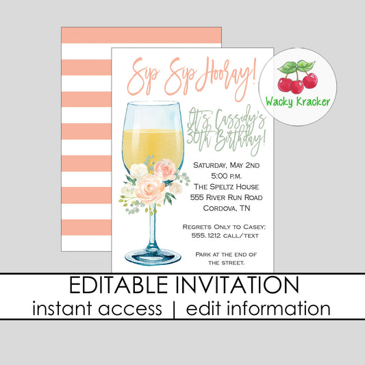 Sip Sip Hooray Birthday Invitation