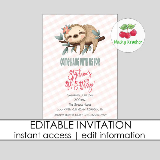 Sloth Girl Birthday Invitation